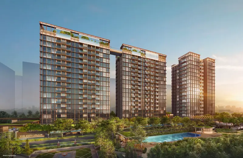 Artist’s impression of The Continuum viewed from above, showing both plots either side of Thiam Siew Avenue