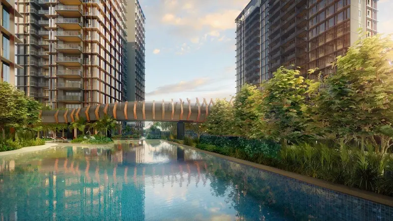 Artist’s impression of the elevated link bridge connecting the North and South plots of The Continuum across Thiam Siew Avenue