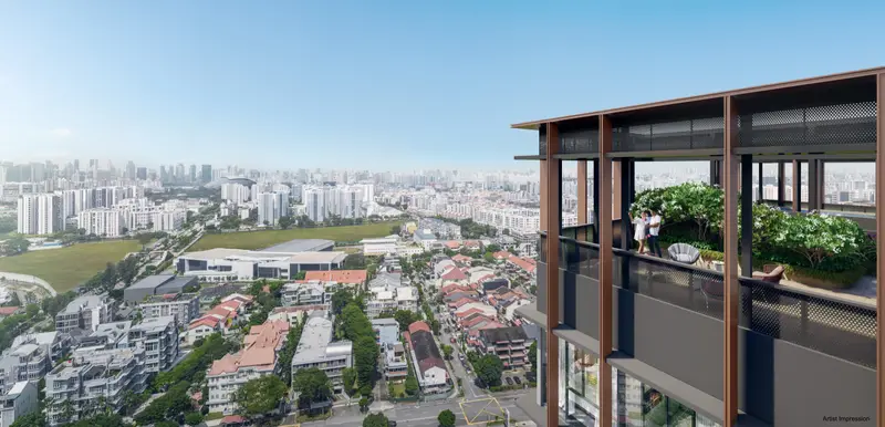 Artist’s impression of the rooftop sky terrace lounge at The Continuum with seating and city outlook