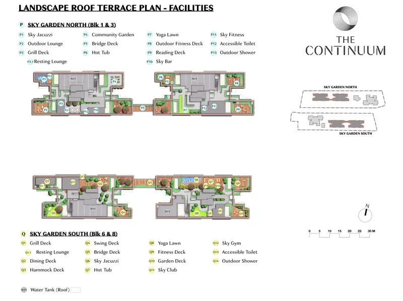 Site plan of The Continuum showing the six blocks, facilities and landscaped areas across both plots