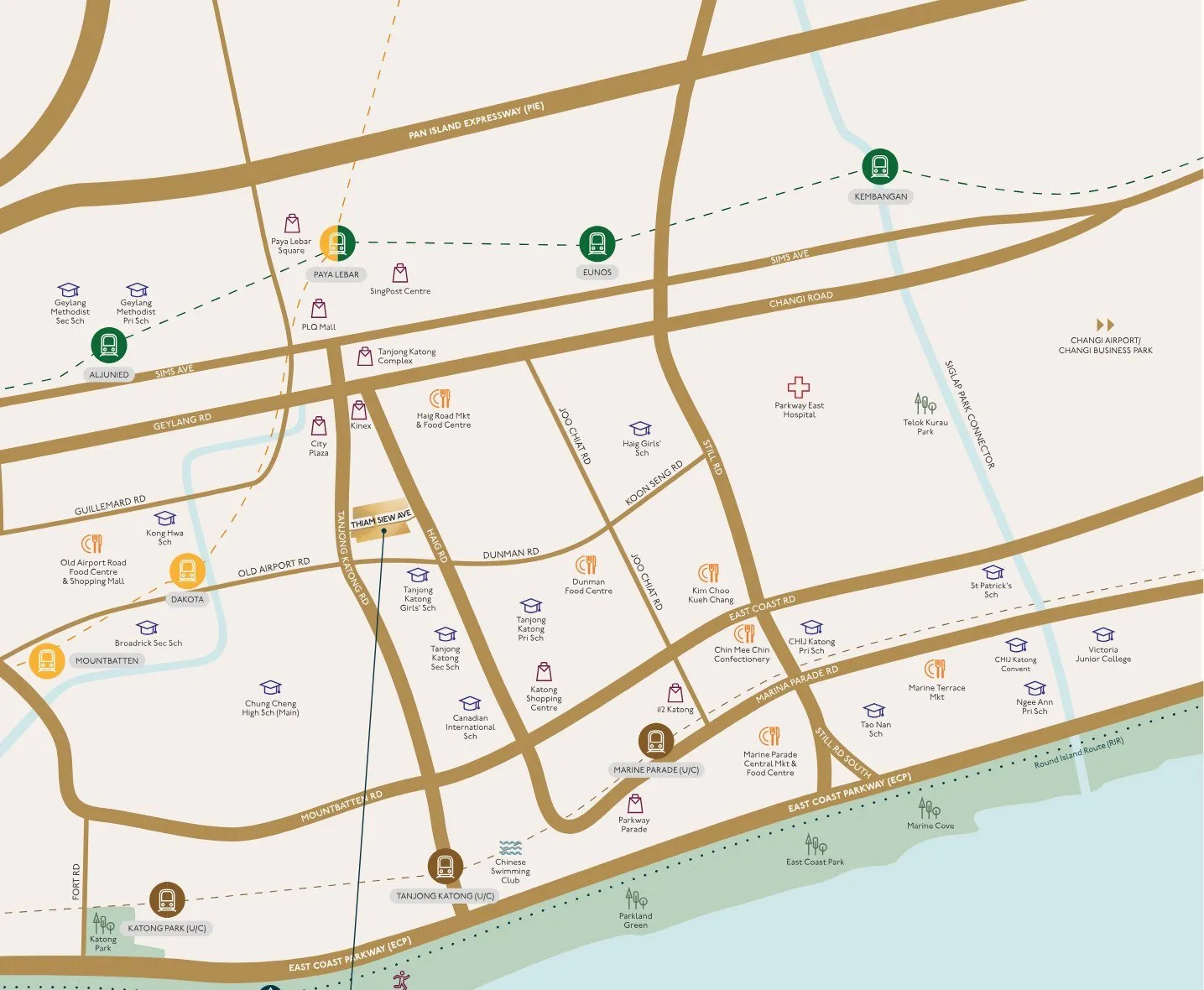 Location map for The Continuum on Thiam Siew Avenue, showing surrounding MRT stations, schools, shopping and East Coast Park