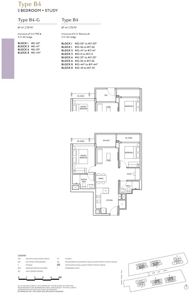 Floorplan for Type B4 at The Continuum, a 721 sq ft two bedroom plus study with balcony