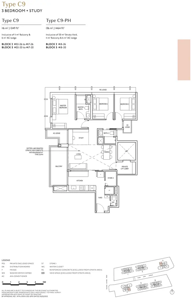Floorplan for Type C9 at The Continuum, a 1,249 sq ft three bedroom plus study with private lift lobby, plus the 1,464 sq ft penthouse variant
