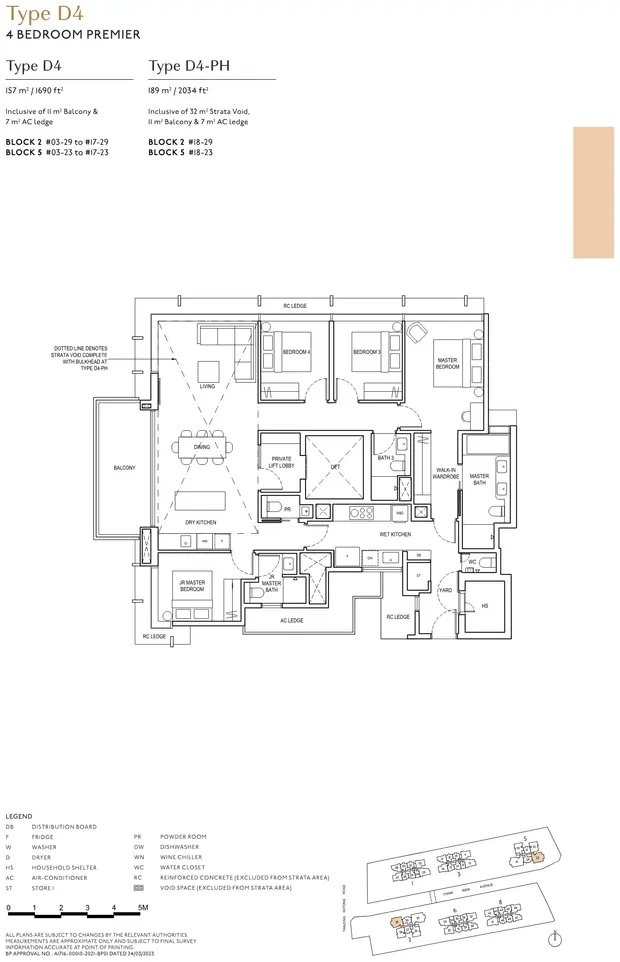 Floorplan for Type D4 at The Continuum, a 1,690 sq ft four bedroom premier with private lift lobby and junior master suite, plus the 2,034 sq ft penthouse variant